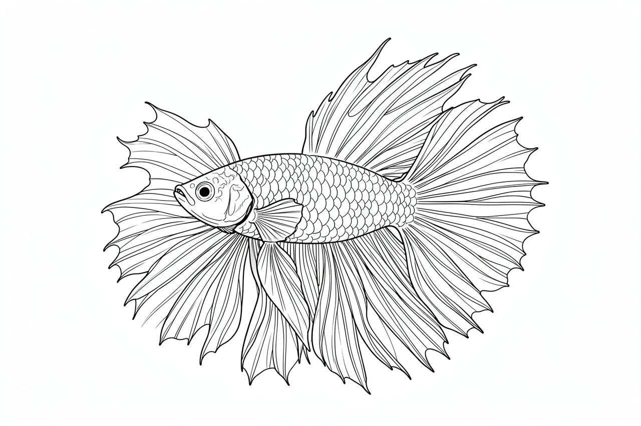 Fine single-weight line drawing of a betta fish with long flowing fins on a plain white background