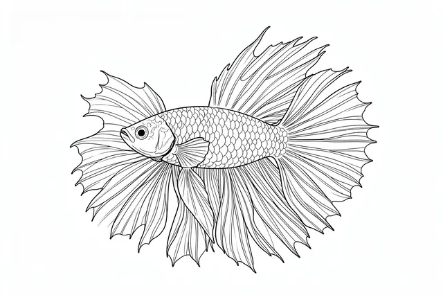 Fine single-weight line drawing of a betta fish with long flowing fins on a plain white background