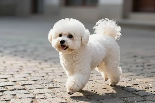 A fluffy white Bichon Frise trotting across sunlit cobblestone paving in soft morning light