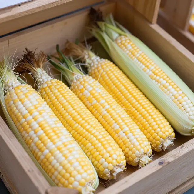 Fresh bicolor yellow and white sweet corn cobs arranged neatly inside a light wooden farm crate