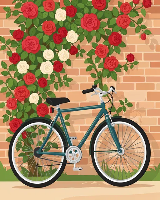 Teal bicycle leans against a brick wall covered in red and white climbing roses