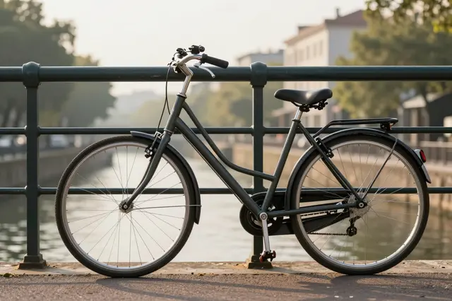 A dark gray city bicycle leans against a green metal canal railing during warm golden hour light.