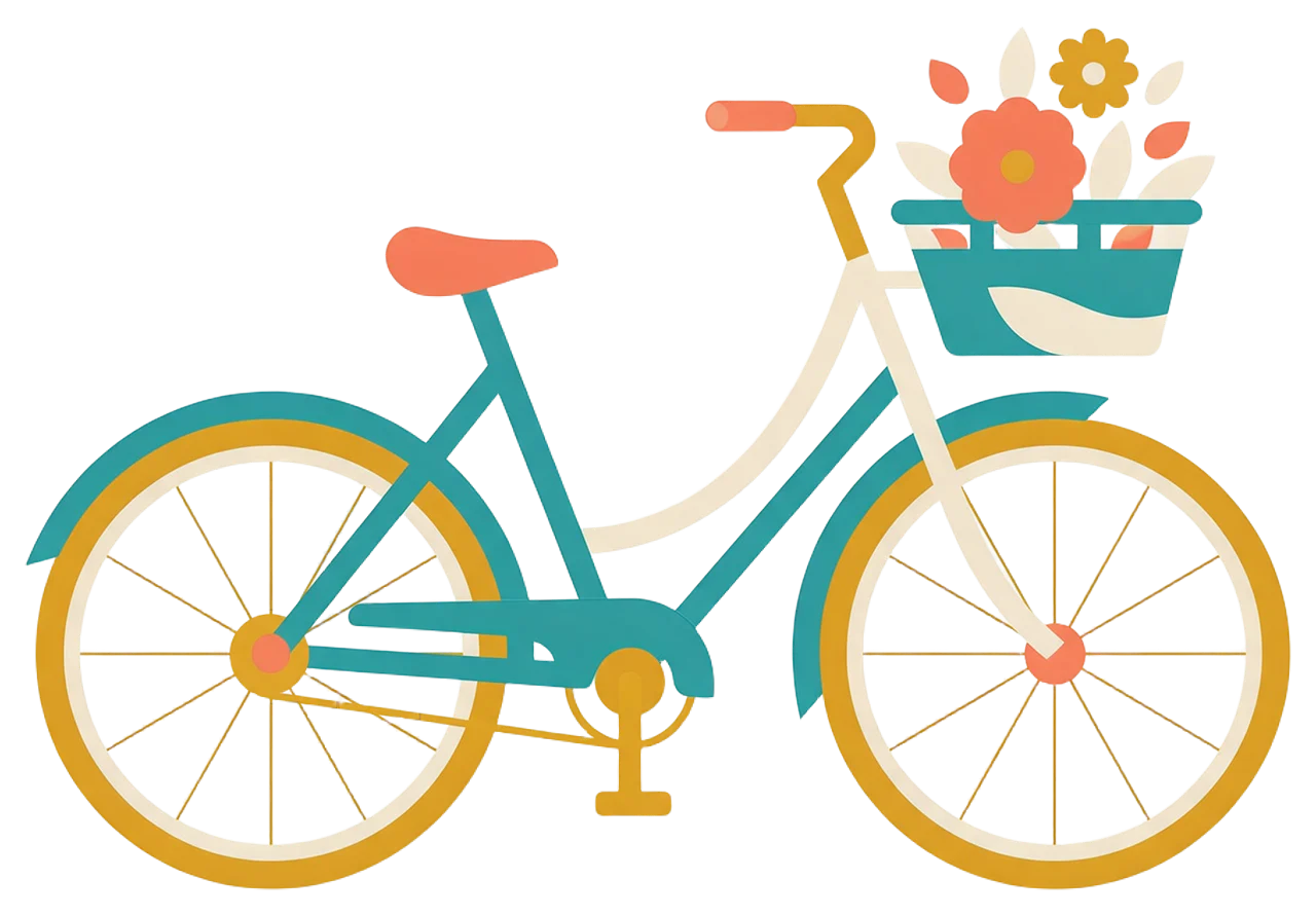 Side view flat vector illustration of a bicycle with a front basket holding stylized flowers