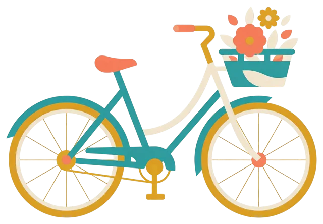 Side view flat vector illustration of a bicycle with a front basket holding stylized flowers