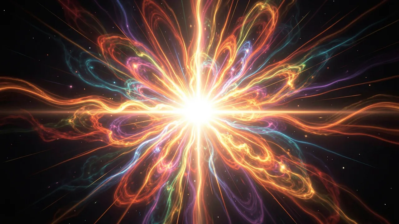 A brilliant central light bursts outward into swirling iridescent cosmic gas against a dark starry space background