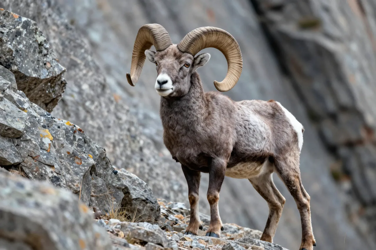 A bighorn sheep ram with large curled horns stands alert on a rocky mountain cliff face