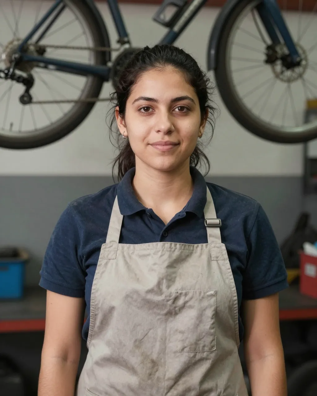 A young Latina bicycle mechanic stands in her apron in a cycle repair shop with a hanging bicycle behind her.