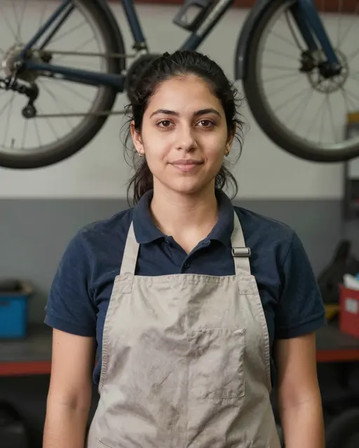 A young Latina bicycle mechanic stands in her apron in a cycle repair shop with a hanging bicycle behind her.