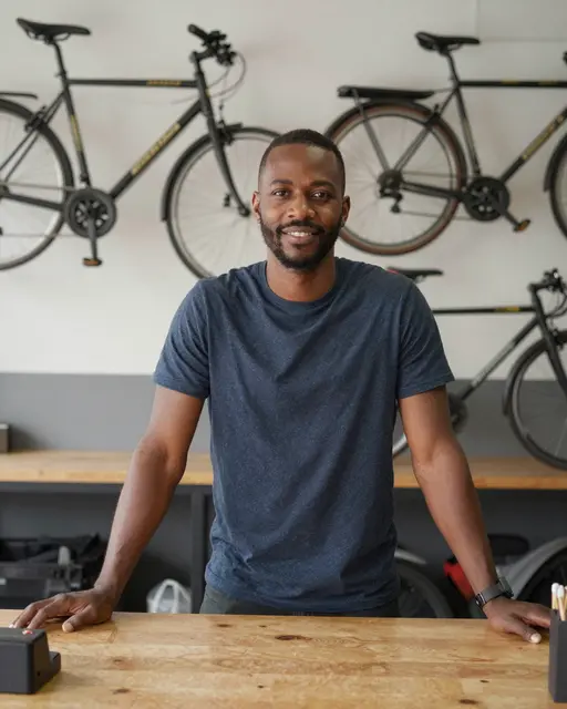 Smiling Black man in his thirties leans on a wooden workbench inside a bicycle shop