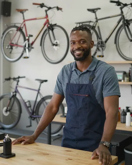 Smiling Black man in his thirties stands at a wooden workbench inside a bicycle repair shop