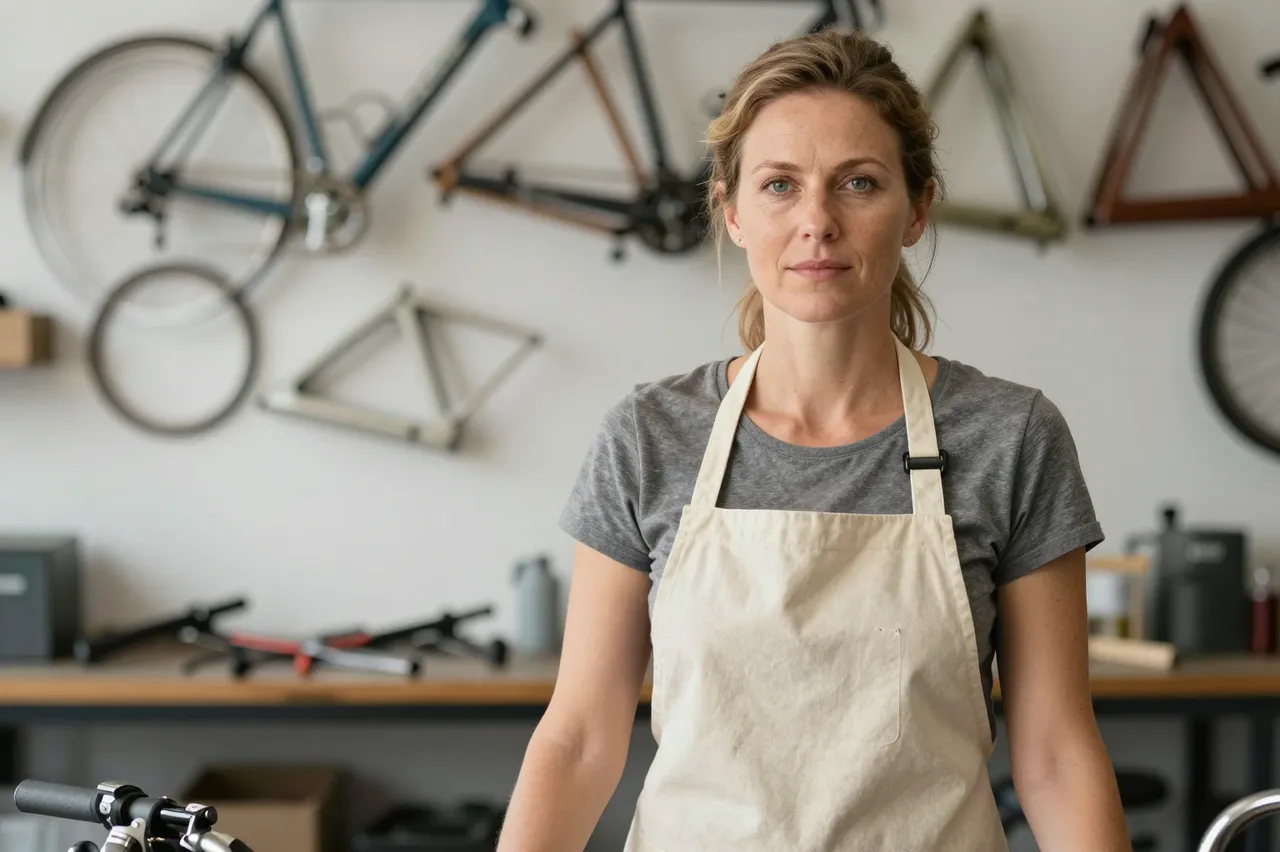 Woman in a canvas apron stands in a bicycle repair shop with frames mounted on the wall behind her