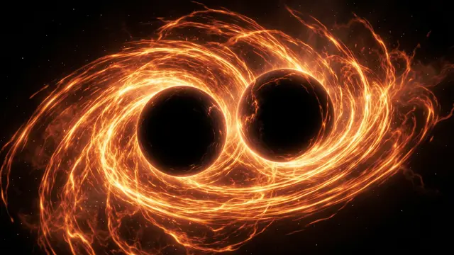 Two orbiting black holes sit encircled by swirling bright hot orange gas in dark outer space