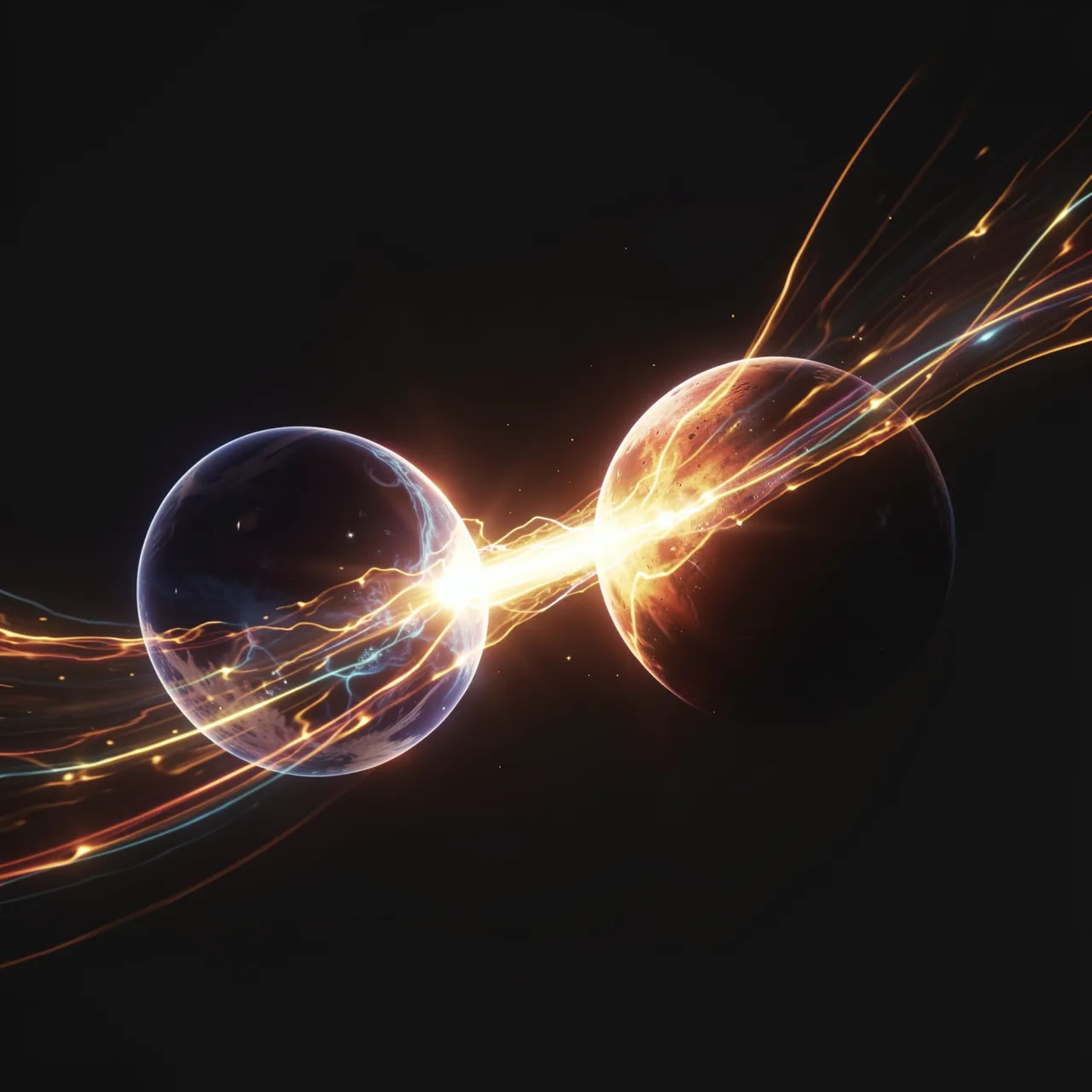 Two close orbiting celestial bodies connected by bright glowing streams of gas in dark space