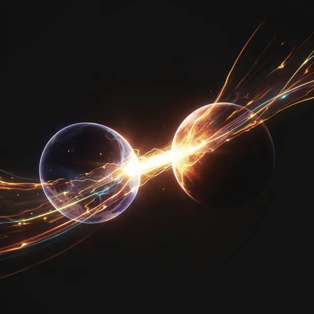 Two close orbiting celestial bodies connected by bright glowing streams of gas in dark space