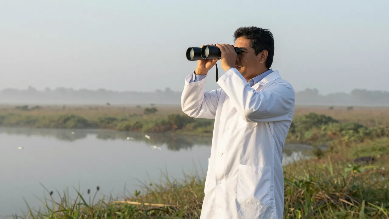 A Latino biologist uses binoculars to survey birds at the edge of a misty dawn wetland