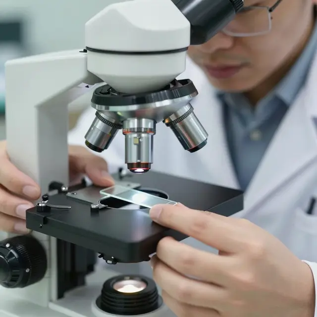 A lab researcher positions a glass slide on the stage of a compound microscope in a laboratory.