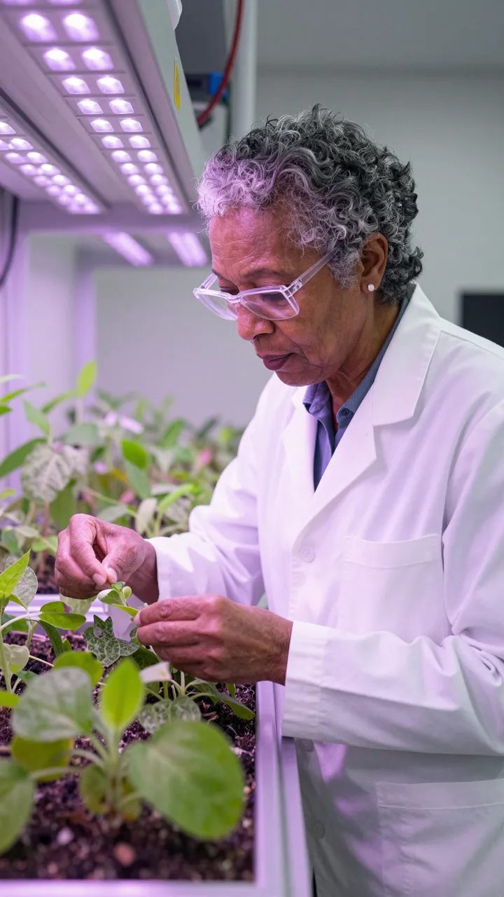 A senior female biologist examines plant samples under purple LED grow lights in a lab