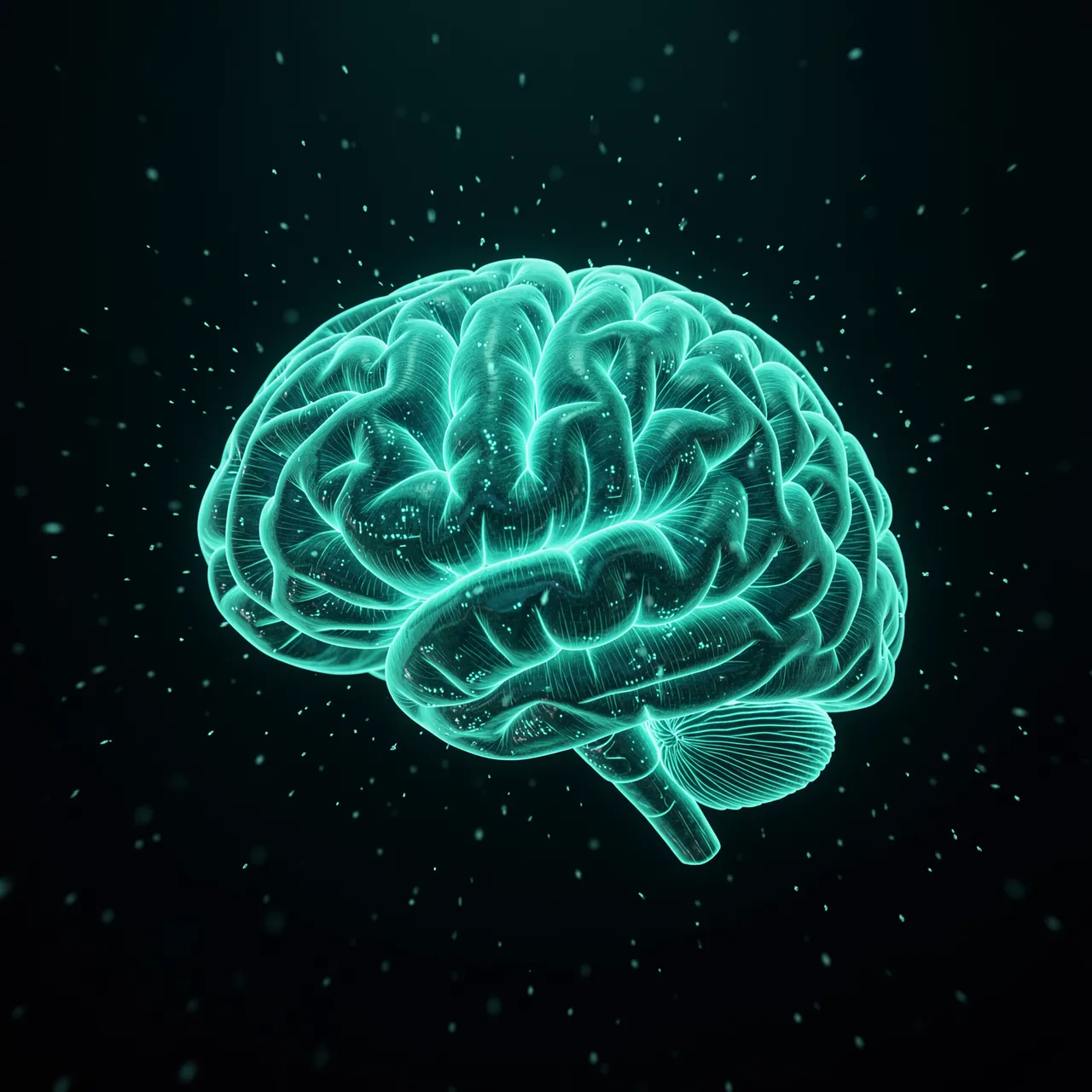 Glowing teal wireframe brain floats in dark space with tiny drifting particles