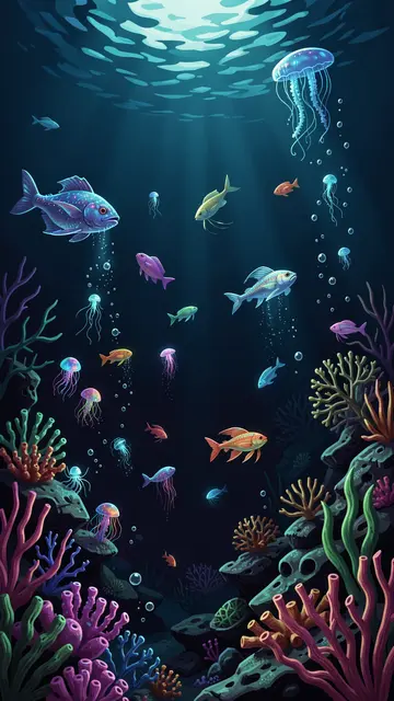 Vertical dark deep ocean illustration with glowing jellyfish, colorful fish and vibrant coral reefs