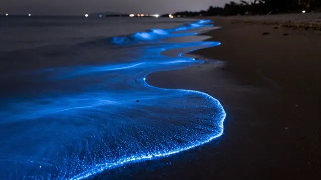 Bright blue bioluminescent waves lap against dark wet sand on a quiet beach at night