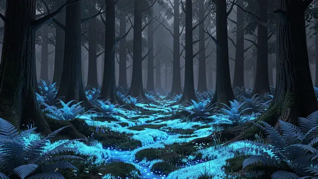 Towering dark trees stand over a forest floor covered in glowing blue bioluminescent moss and ferns with a misty atmosphere