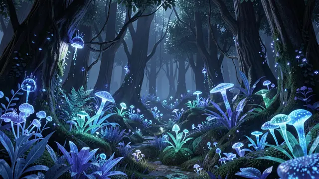 A dense dark night forest filled with glowing blue bioluminescent mushrooms and undergrowth lining a winding mossy path