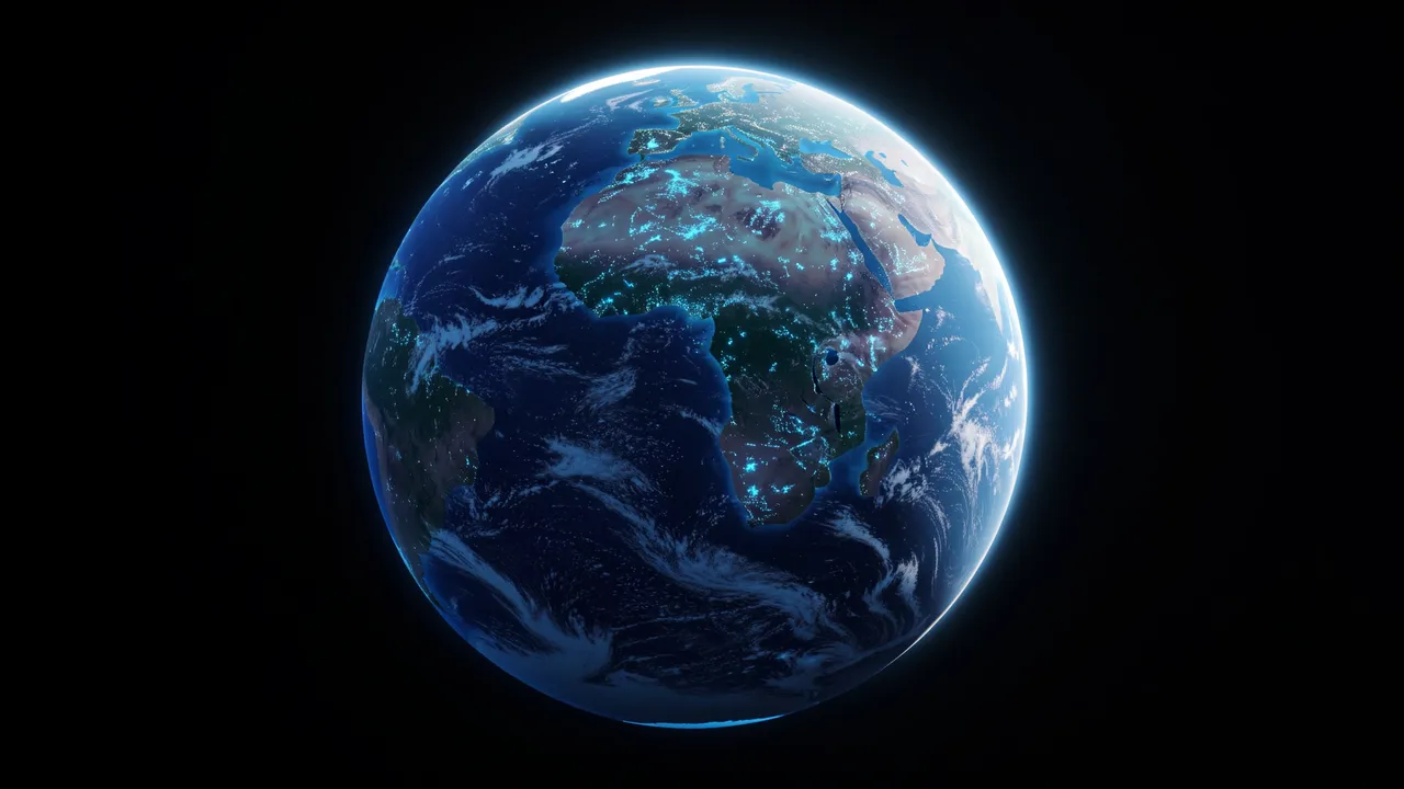 A view of an ocean planet from space shows glowing blue bioluminescence across its night side next to a thin sunlit crescent