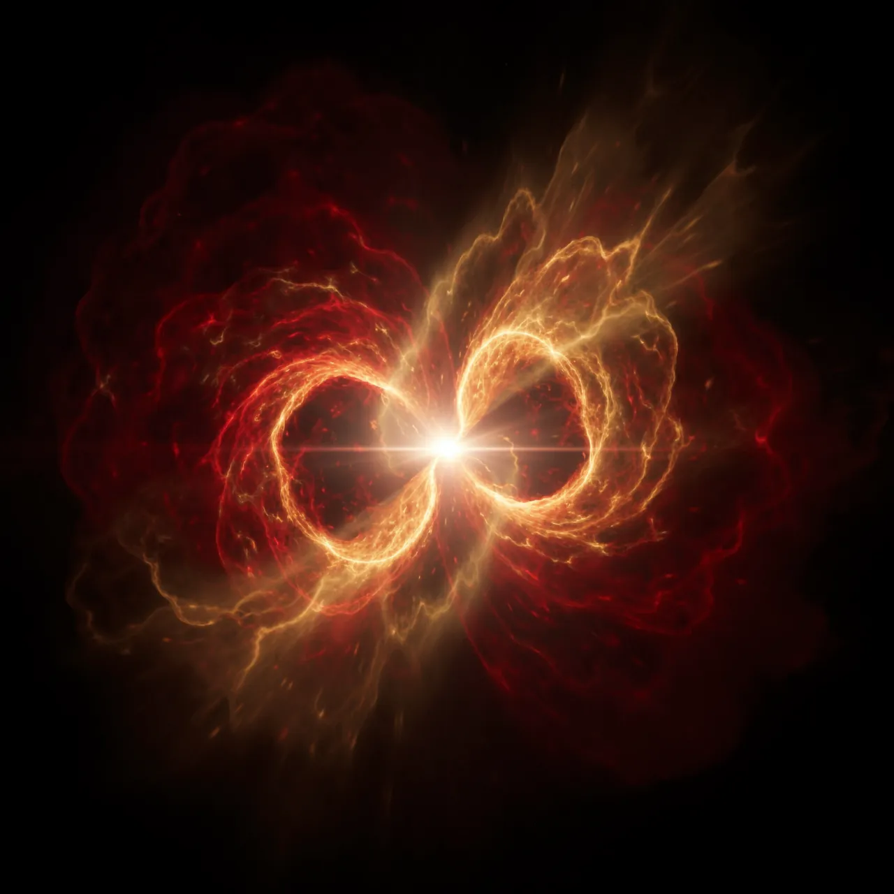 A bright central dying star glows between symmetrical red and gold lobes of cosmic gas against black space