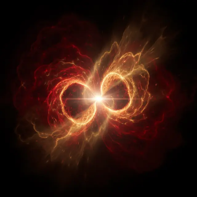 A bright central dying star glows between symmetrical red and gold lobes of cosmic gas against black space