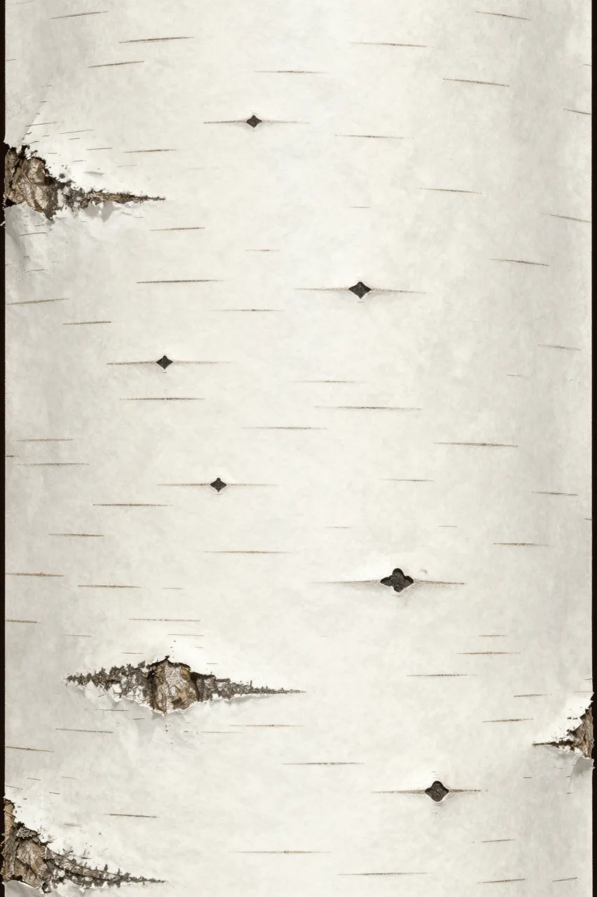 Full frame close-up view of smooth white birch bark with fine dark lines and diamond scars.