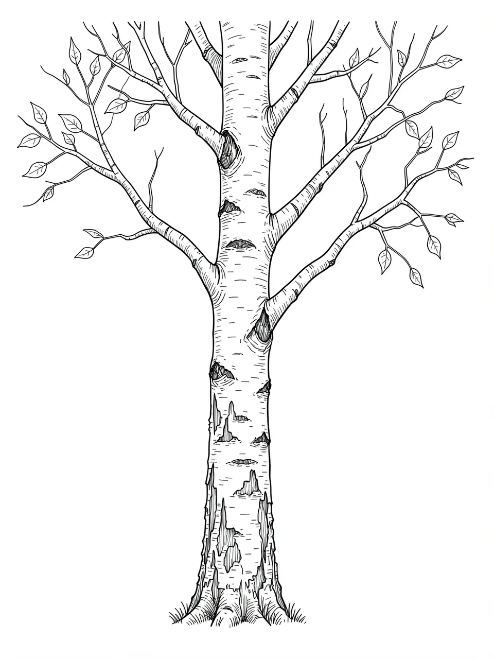 Black fine line drawing of a birch tree with peeling bark on a plain white background