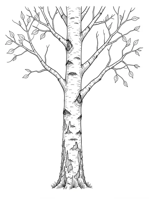 Black fine line drawing of a birch tree with peeling bark on a plain white background