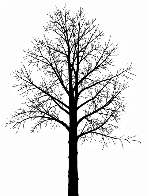 Solid black leafless birch tree silhouette centered on a plain white background
