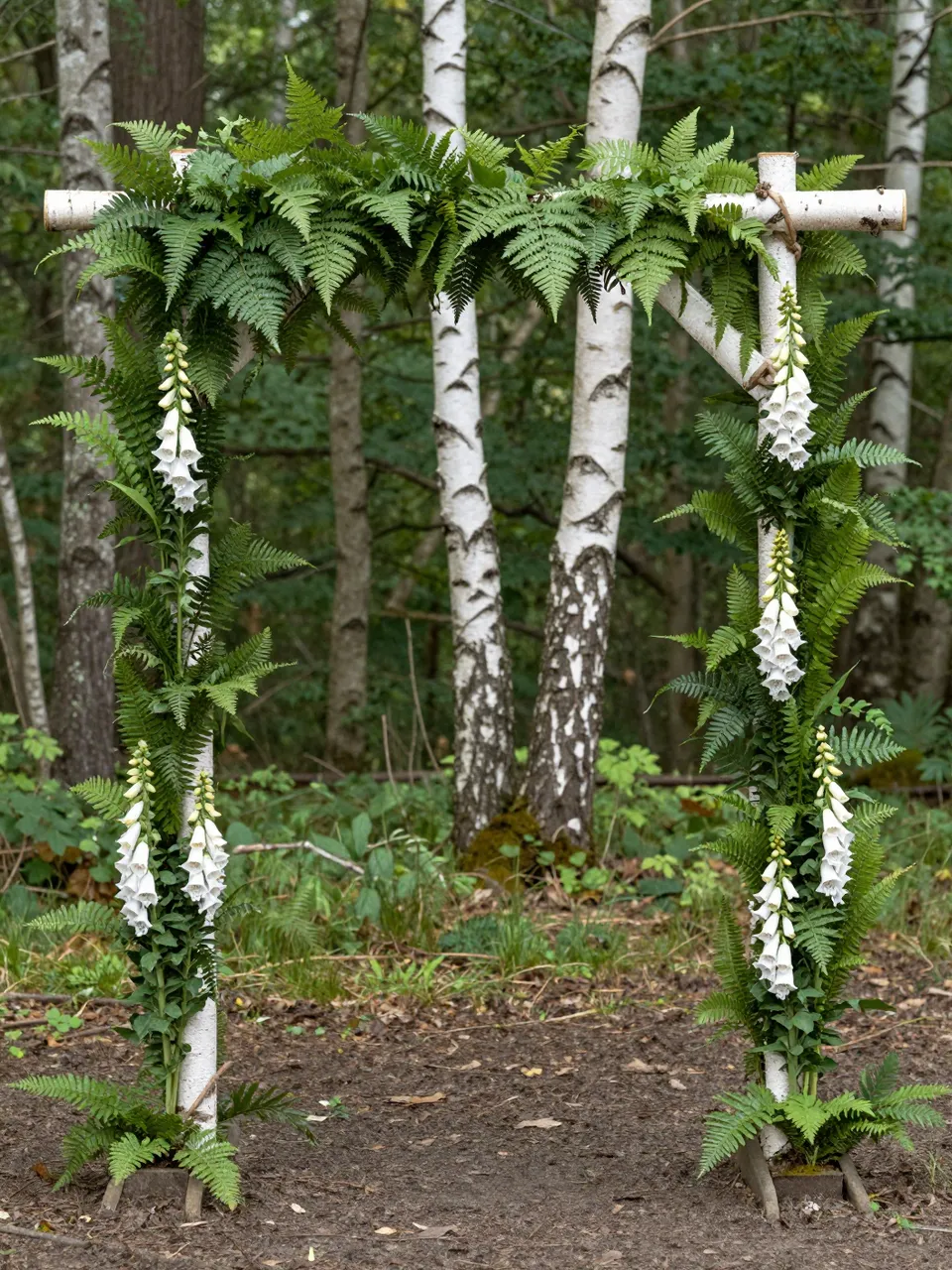 Decorated birch wedding arch with ferns and white foxgloves stands in a sun-dappled forest clearing