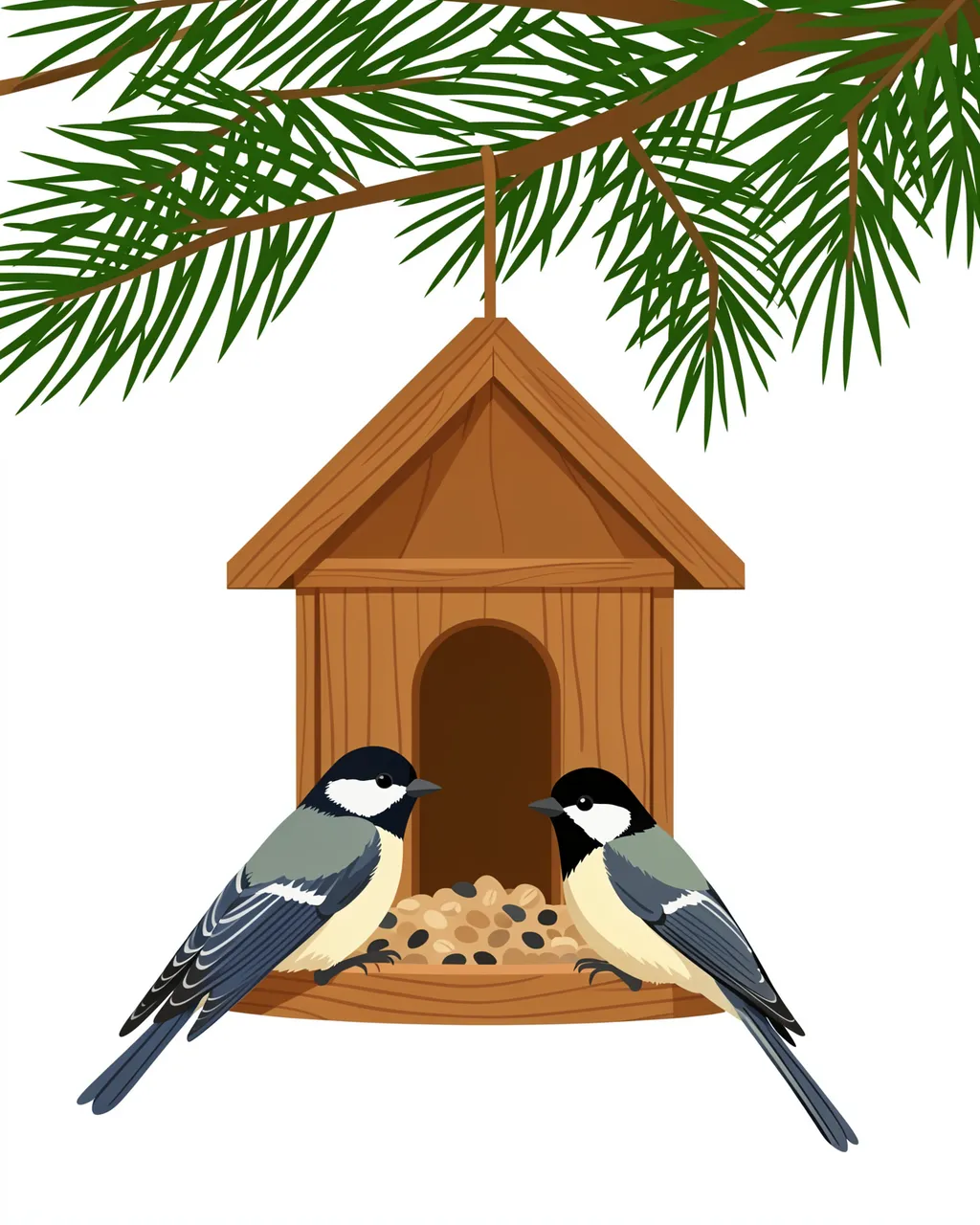 Flat vector illustration of a wooden bird feeder hanging from a pine branch with two chickadees perched on its seed tray.