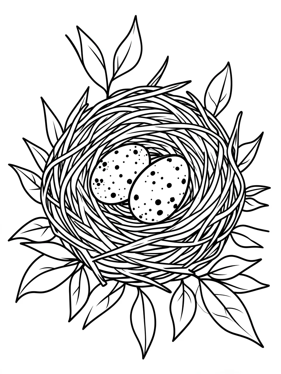 Black and white bold line art of a bird nest with speckled eggs surrounded by leafy branches on a plain white background
