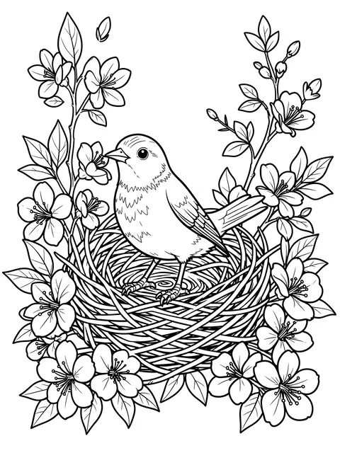 Black and white line art of a songbird standing in a woven nest surrounded by blooming spring flower branches