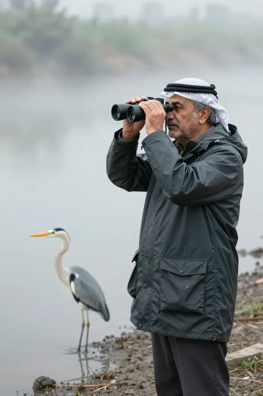 Older Middle Eastern man uses binoculars while a heron stands in shallow misty estuary water nearby