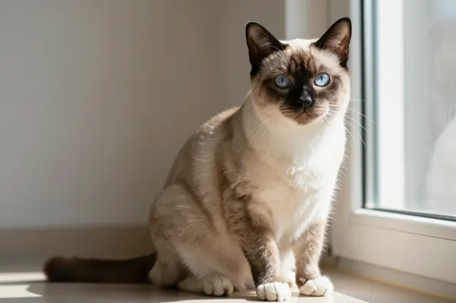 A seal point Birman cat with white paws and blue eyes sits on a sunlit windowsill looking at the camera