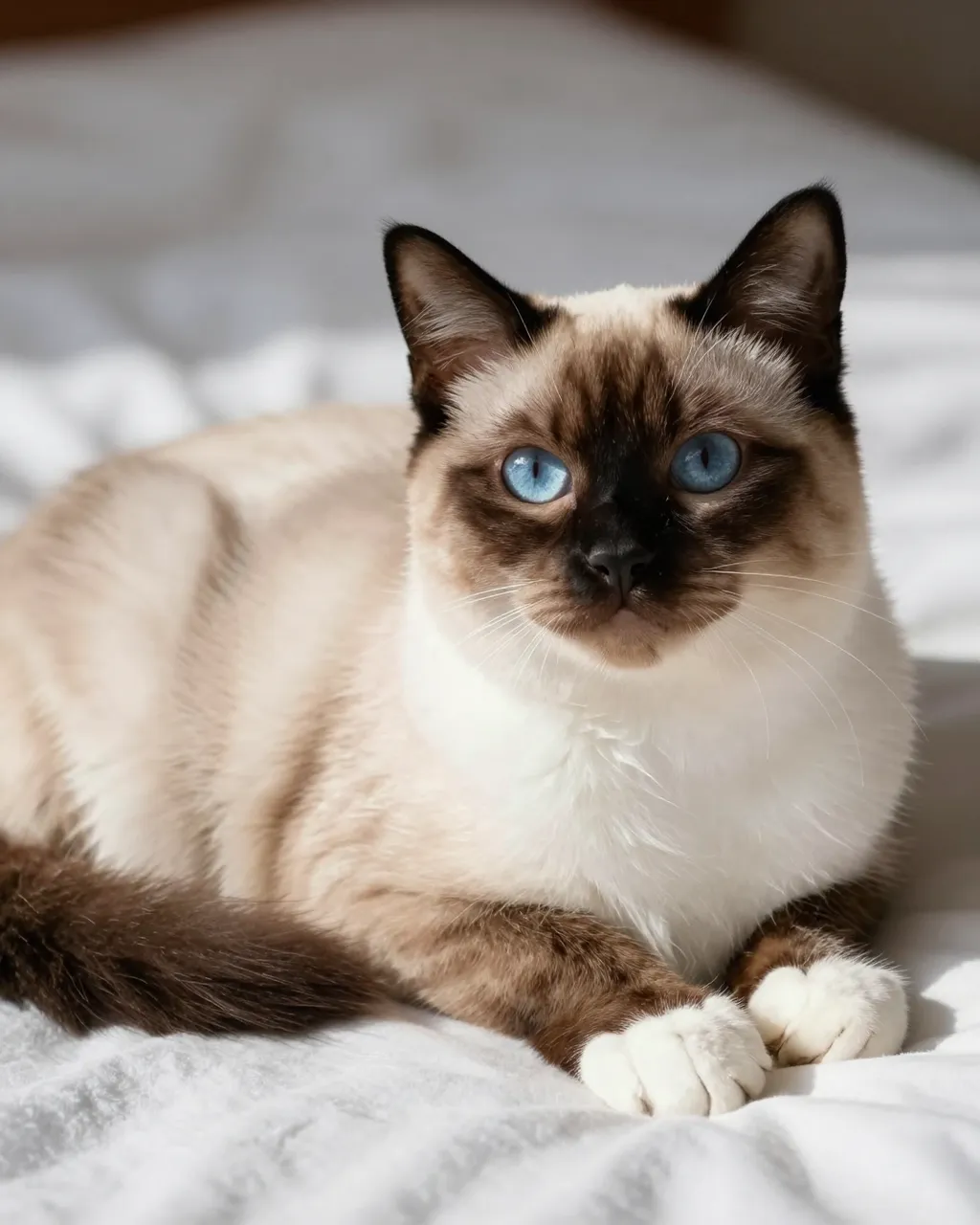 A Birman cat with bright blue eyes rests on soft sunlit white bed linens looking toward the camera.