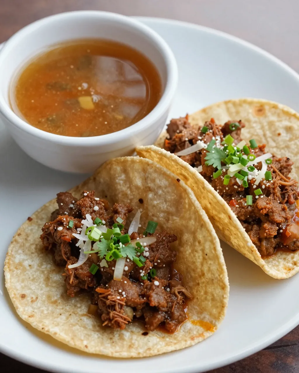 Two birria tacos topped with herbs and onions sit next to a small bowl of consomme on a white plate.