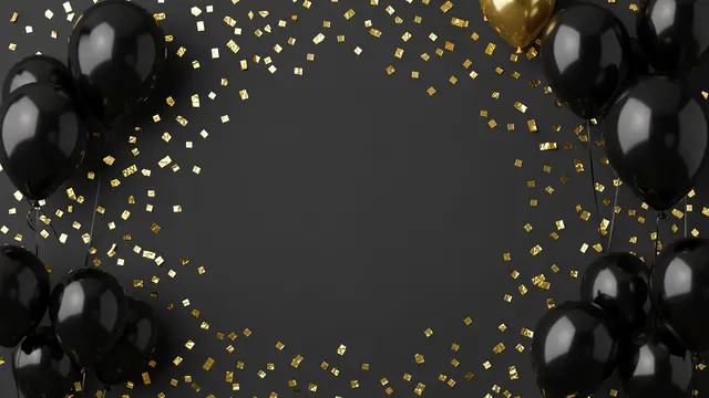 Glossy black balloons and gold foil confetti frame empty central space on a dark charcoal backdrop
