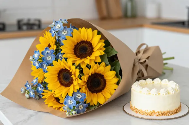 A kraft paper wrapped sunflower and delphinium bouquet sits beside a frosted mini cake on a marble kitchen counter