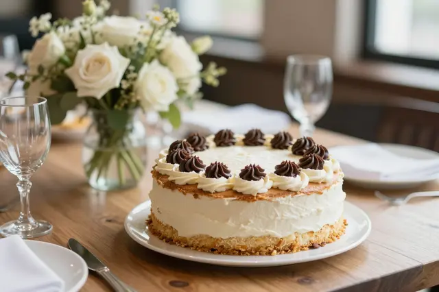 A frosted cream cake sits on a wooden brunch table beside a vase of white roses and empty wine glasses.