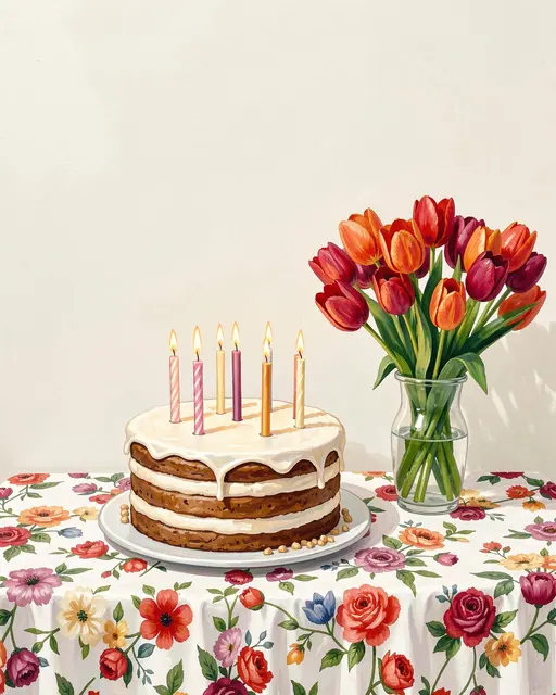 A frosted layer birthday cake with lit candles sits next to a tulip vase on a floral tablecloth against a plain wall