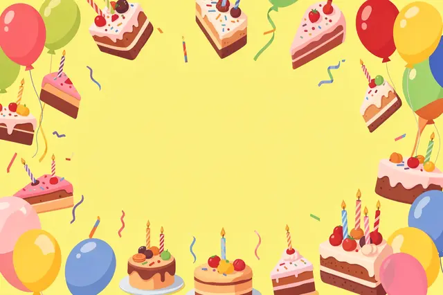 A flat vector birthday frame of cake slices, candles and balloons around an empty lemon yellow center