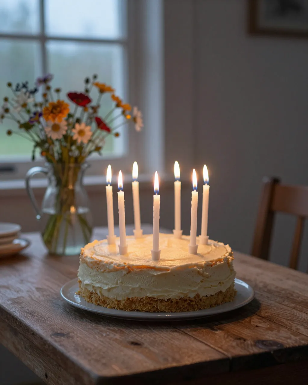 Lit birthday cake with candles sits on a rustic wooden table beside a jug of wildflowers by a window in soft evening light