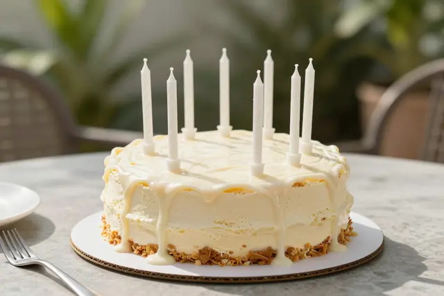 Ice cream birthday cake with white candles sits on an outdoor patio table in bright summer sun