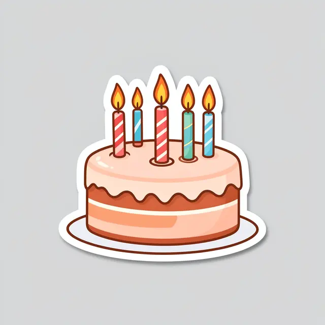 Cute die-cut sticker of a birthday cake with lit striped candles on a light gray background