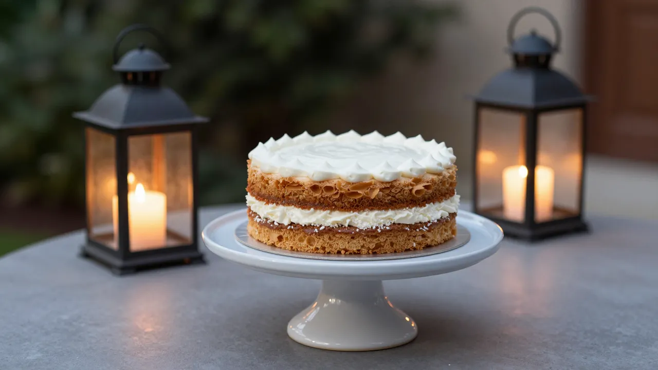 A frosted layer cake on a white cake stand flanked by lit black lanterns on a patio table at dusk